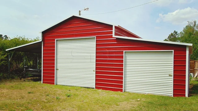 42x21x12 Box Eave Style fully enclosed center with 2 12x21 Lean To's that is full