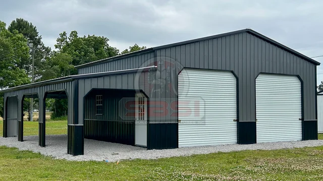 Custom metal barn with garage doors