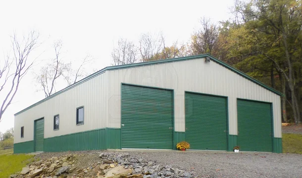 Custom clear span steel garage with color doors