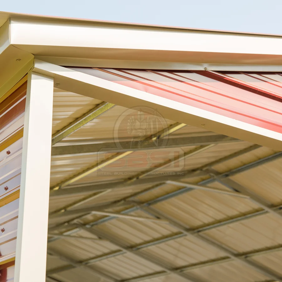 Interior roof and corner of metal carport building